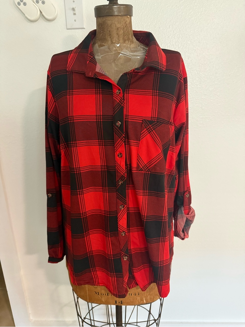 NWT Madison + Hudson Red and Black Plaid Button-Up Shirt - Sizes 2X & 3X